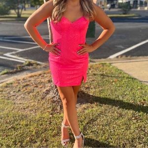 neon pink short sequin fitted cocktail dress